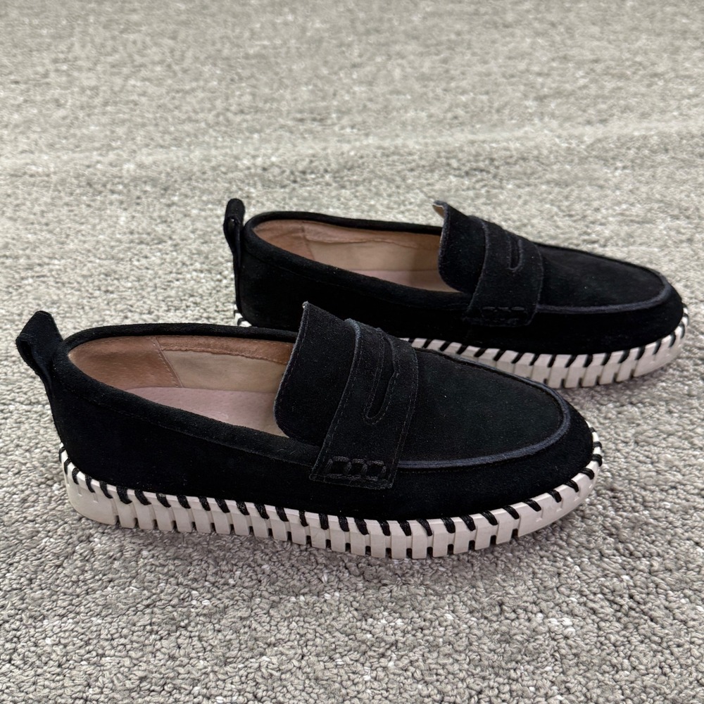 Project Cloud Penny Loafers Women 6 Black Suede Whipstitch Platform Comfort